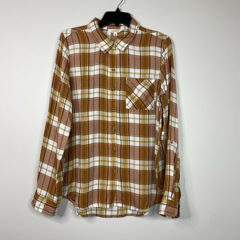 Lucky Brand Shirt Womens Sz M Brown Gold White Plaid Boyfriend Flannel Button-Up